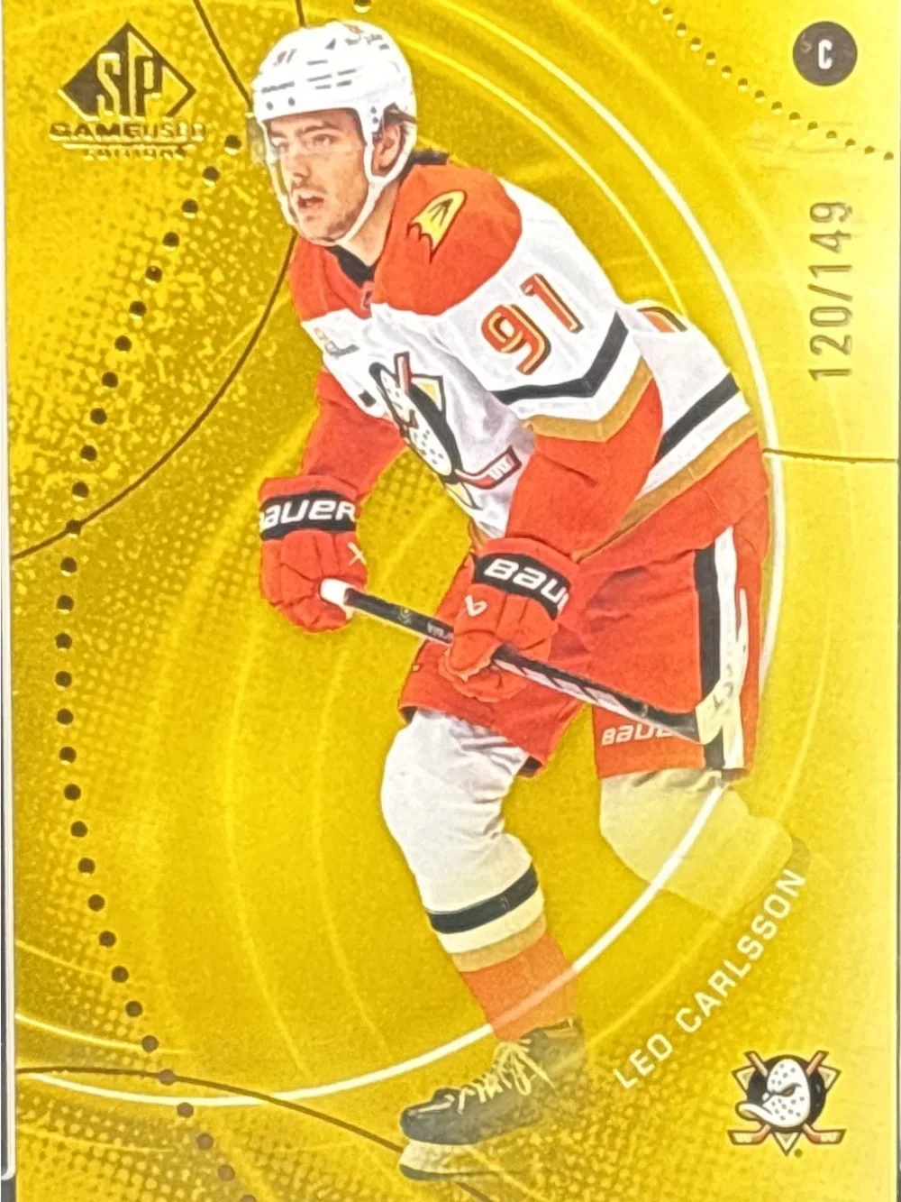 Upper D SP Game Used Gold Parallel Leo Carlsson Hockey Trading Card - LE 120/149